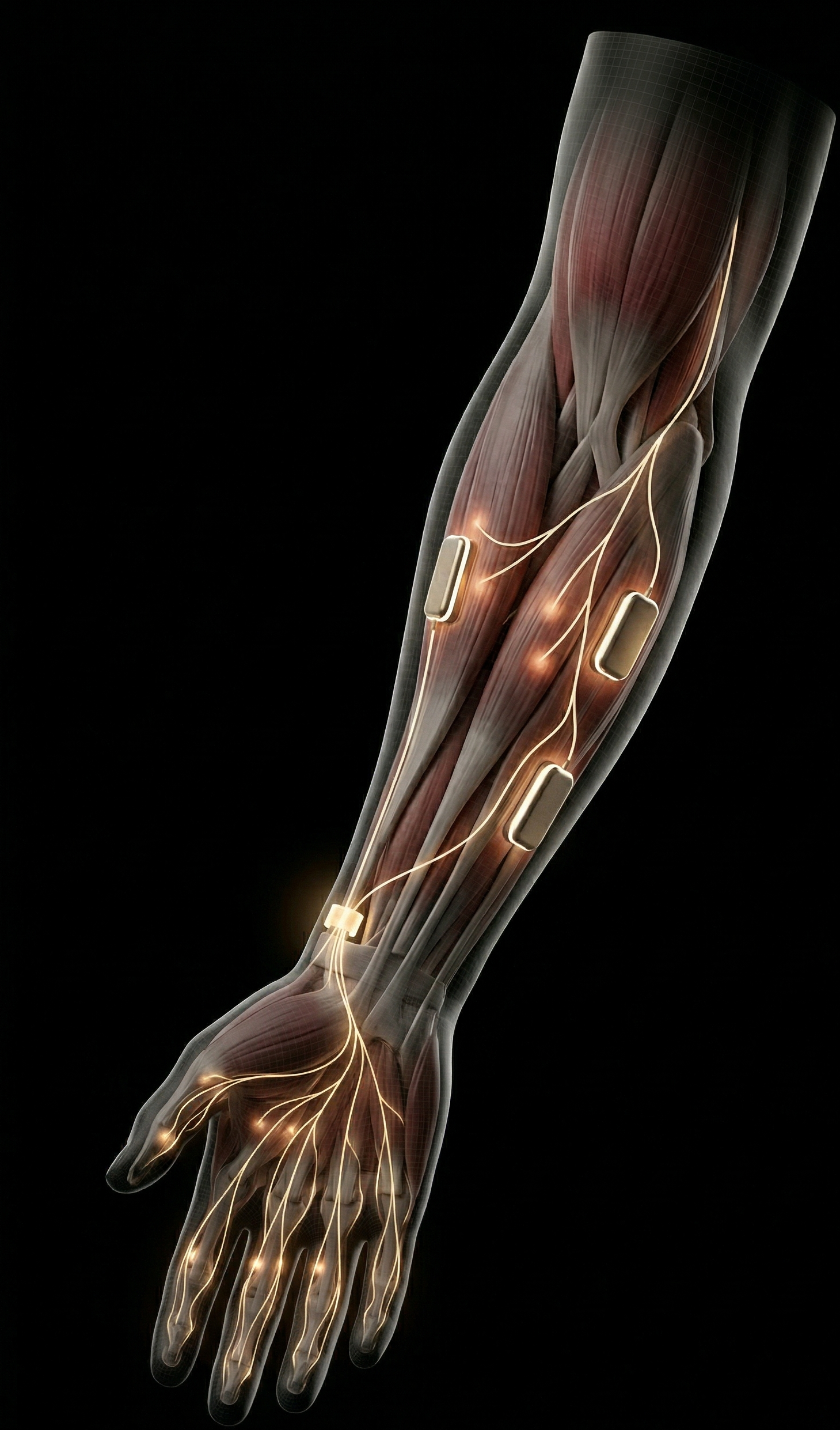 COSMIIC implantable neurostimulation system - 3D render of forearm with neural prosthetic modules